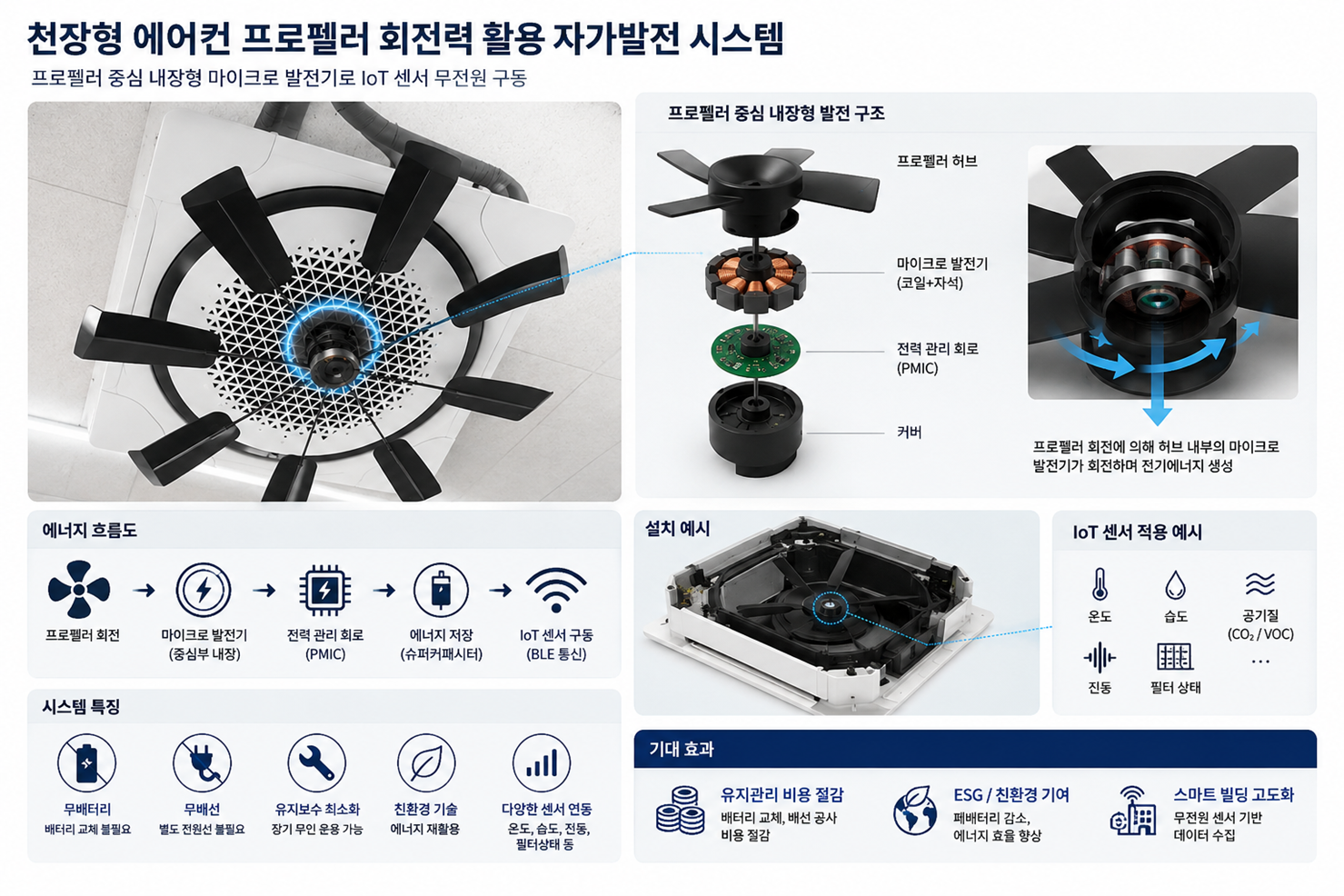 Ceiling-HVAC rotational energy harvesting concept (Korean labels). Illustration of a development concept, not a finished product or validated performance.