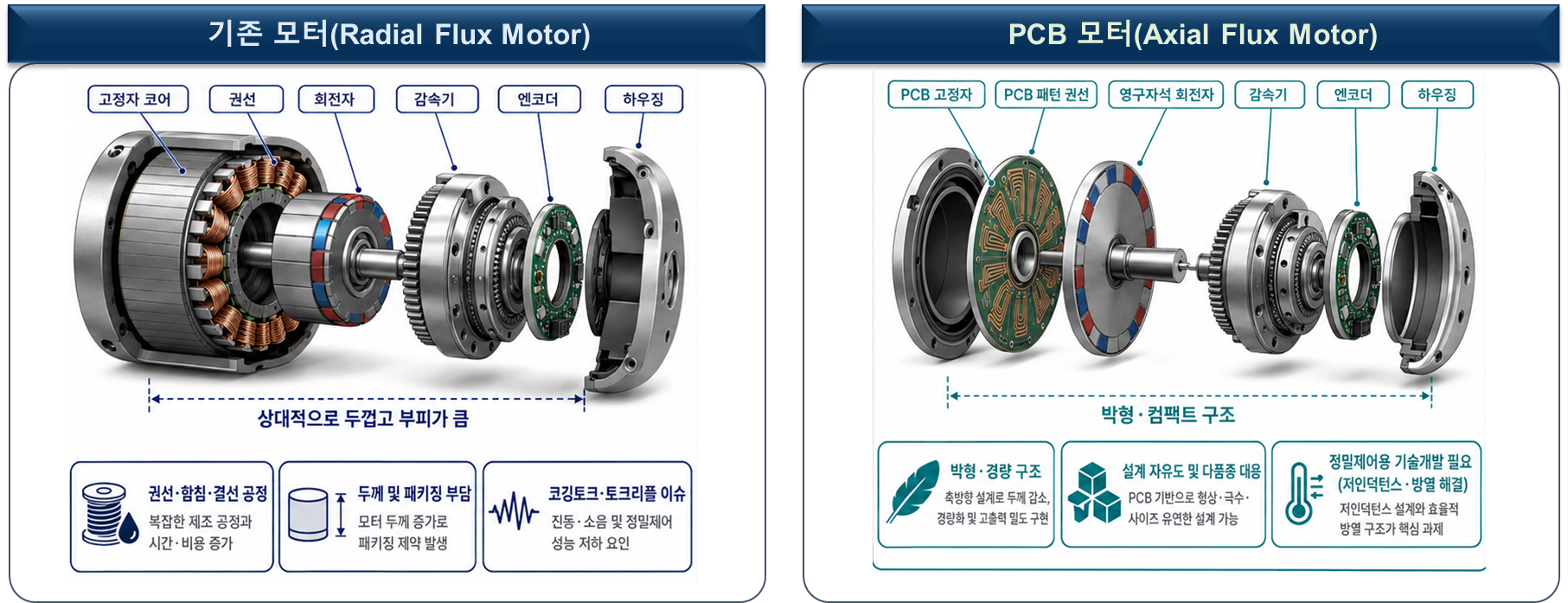 Conceptual radial-flux and PCB axial-flux joint-module comparison