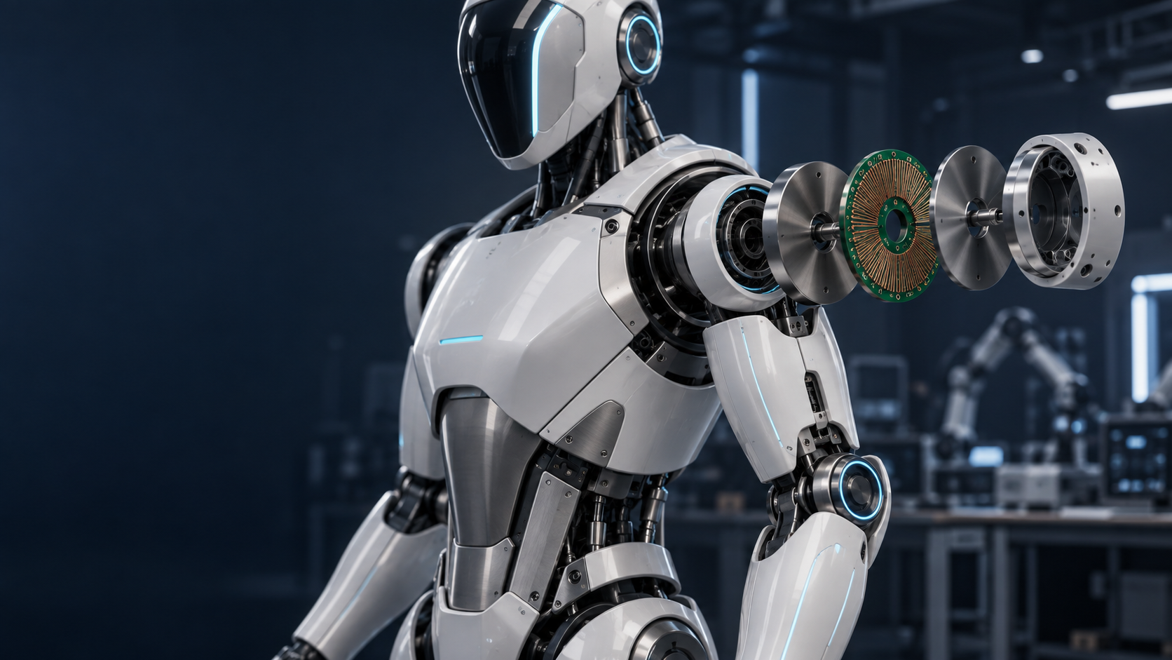 Humanoid robot with conceptual exploded PCB axial-flux shoulder motor